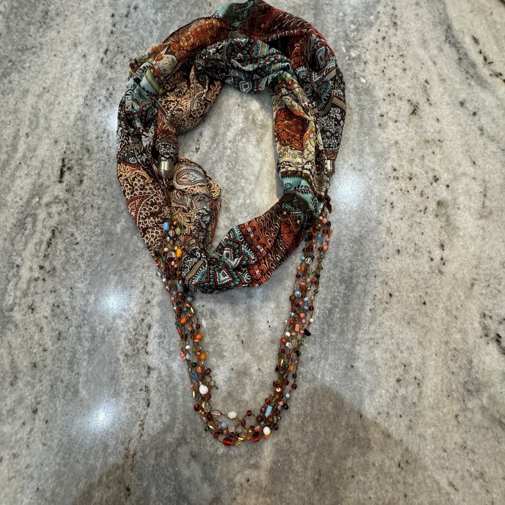 Beaded Scarf Wrap Necklace Boho Indie Gypsy Layering Festival Bohemian Earth